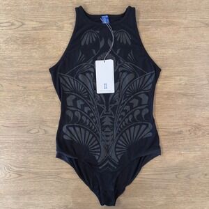 Kit and Ace Women's High Top Bodysuit-Contour Fit-Black Silver‎ Print-Size 6 NWT